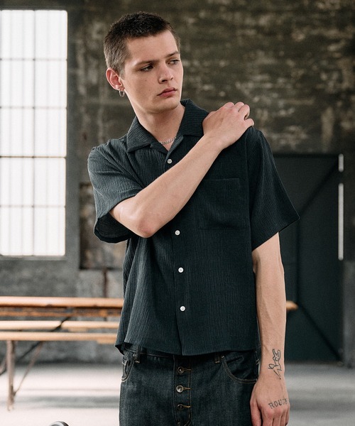 Regen Glanz シャツ crinkle textured relaxed open collar shirt