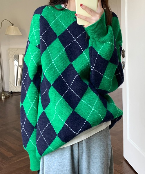 アーガイル セーター メンズ オーバーサイズ ニット 羊毛 カシミヤ混 