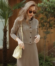 レディース ストライプ ニットカーデ ワンピース セットドレス esutoreja カーディガン デザインストライプニットカーディガン