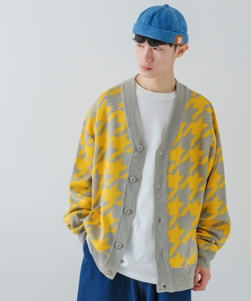 boohoo MAN★半袖 ボタン ニット シャツ カーディガン★千鳥格子 シャギー ニット カーディガン レディース 千鳥格子 Vネック