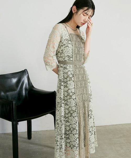 【Callarus】パネルレース切替デザインワンピースドレス 3Lお呼ばれドレス 結婚式・パーティー・オケージョンドレス】パネルレース切替
