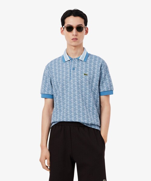美品 ラコステ モノグラム ジャガード ポロシャツ インディゴ LACOSTE（ラコステ） ポロシャツ モノグラムジャカード半袖ポロシャツ
