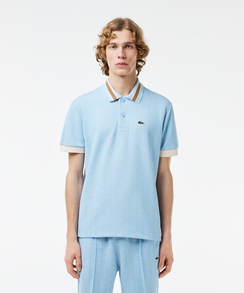 美品 ラコステ モノグラム ジャガード ポロシャツ インディゴ LACOSTE（ラコステ） ポロシャツ モノグラムジャカード半袖ポロシャツ