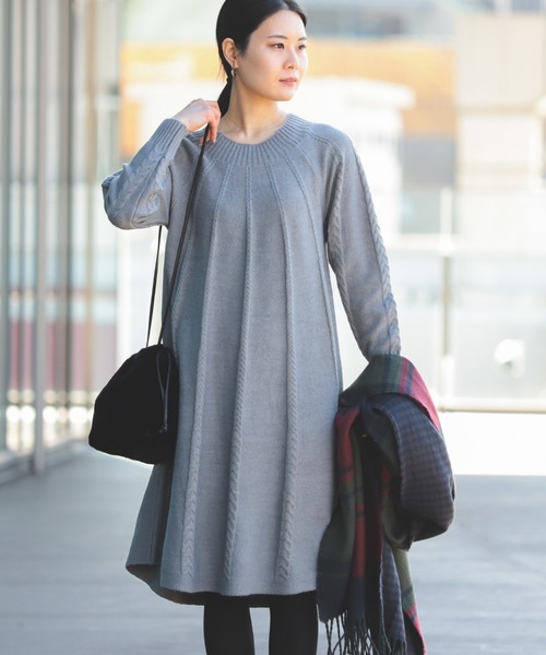 BEAMS HEART ワンピース ケーブル編み フレア ニットワンピース 