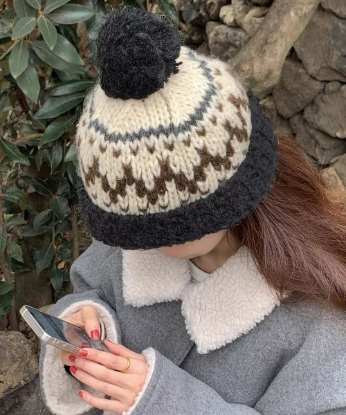 未使用 KARL DONOGHUE ニットキャップ 英国製 ウール ラム ポンポ ニット帽 ニットキャップ NORDIC RETRO WOOL KNIT CAP レディース