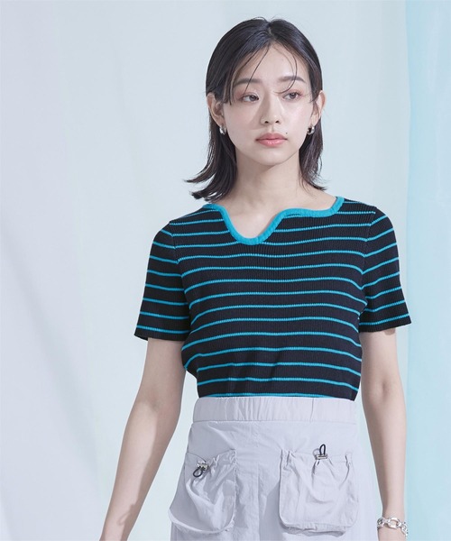 miette（ミエット） tシャツ ウェーブネックラインボーダー半袖