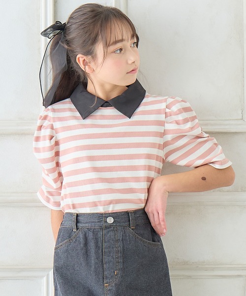 Amourire girl tシャツ パワショル えり付きボーダーカットソー(130cm 