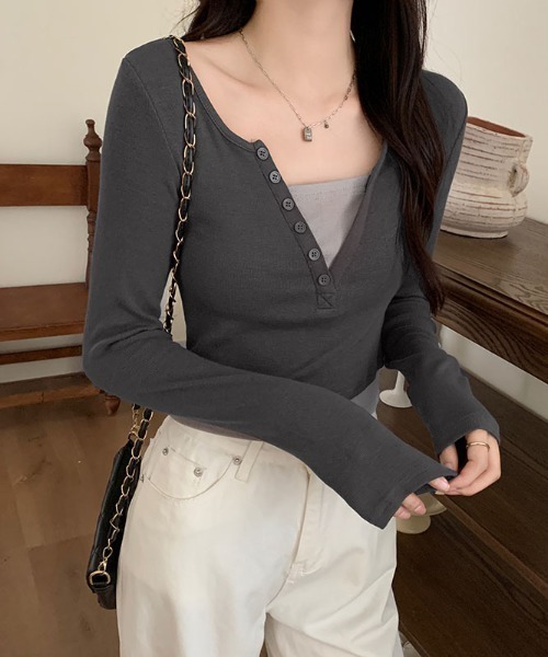 tシャツ BETA LONG SLEEVE FUNNEL NECK TOP | BETA 長袖 ファンネルネック トップ レディース Per sist ence tシャツ オープンヘンリーネックレイヤード風長袖