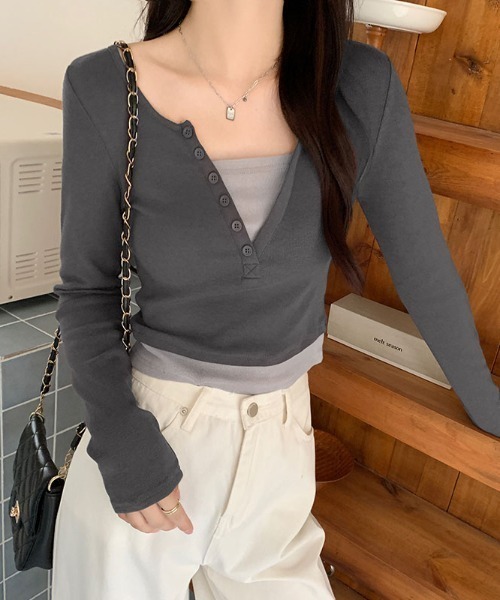 Per sist ence tシャツ オープンヘンリーネックレイヤード風長袖