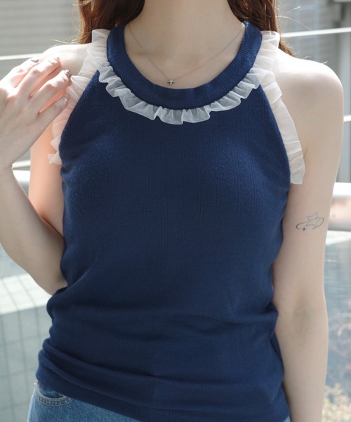 タンクトップ ノースリーブ cup in tulle frill heart tank top