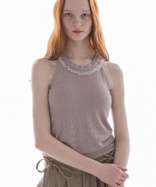 タンクトップ ノースリーブ cup in tulle frill heart tank top