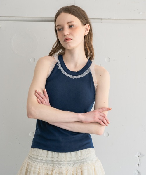 タンクトップ ノースリーブ cup in tulle frill heart tank top