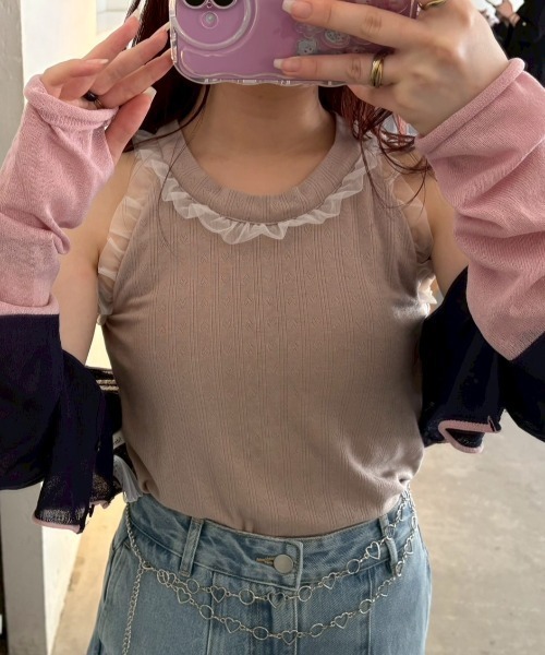 タンクトップ ノースリーブ cup in tulle frill heart tank top