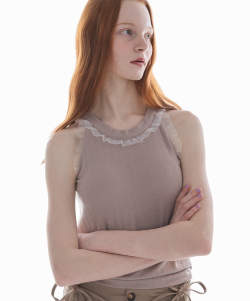 タンクトップ ノースリーブ cup in tulle frill heart tank top