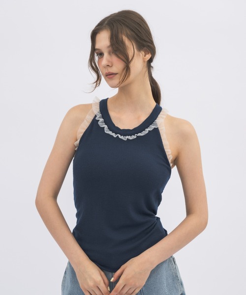 タンクトップ ノースリーブ cup in tulle frill heart tank top