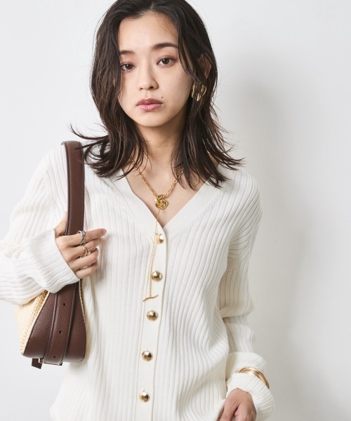 カーディガン 綿100％ワイドリブVネックニットカーディガン「大きいサイズ有」シックスタイル レディース CHIC STYLE カーディガン 綿100％ワイドリブVネックニット