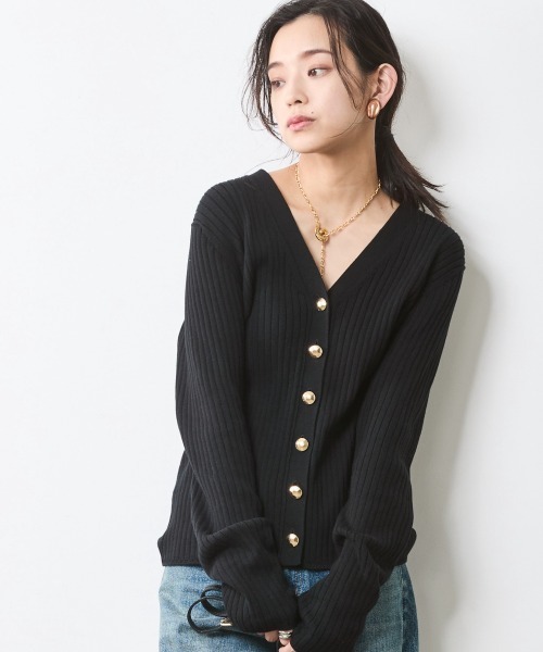 カーディガン 綿100％ワイドリブVネックニットカーディガン「大きいサイズ有」シックスタイル レディース CHIC STYLE カーディガン 綿100％ワイドリブVネックニット