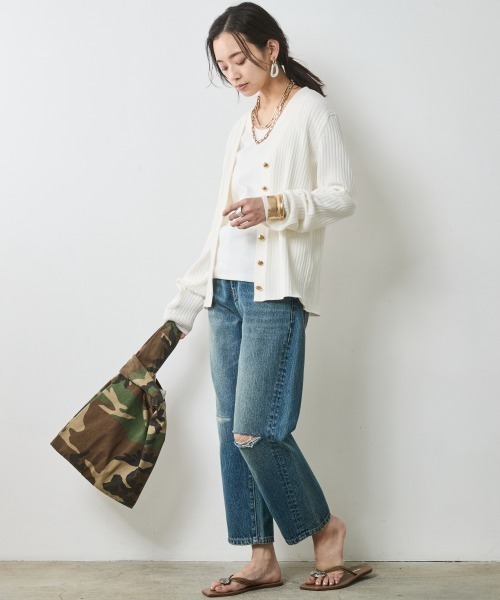 カーディガン 綿100％ワイドリブVネックニットカーディガン「大きいサイズ有」シックスタイル レディース CHIC STYLE カーディガン 綿100％ワイドリブVネックニット