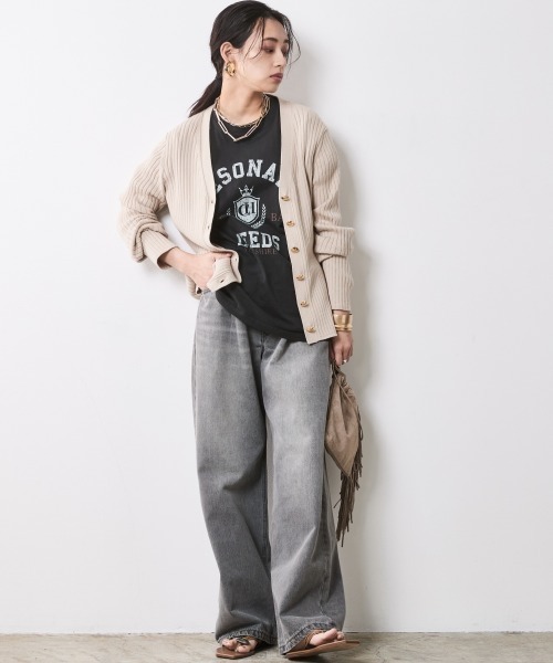 大きいサイズ レディース トップス 綿100％ワイドリブVネックニットカーディガン有シックスタイル CHIC STYLE カーディガン 綿100％ワイドリブVネックニット