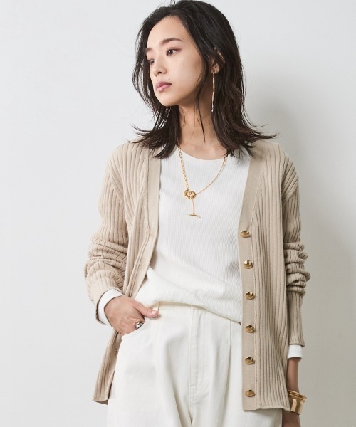 大きいサイズ レディース トップス 綿100％ワイドリブVネックニットカーディガン有シックスタイル CHIC STYLE カーディガン 綿100％ワイドリブVネックニット