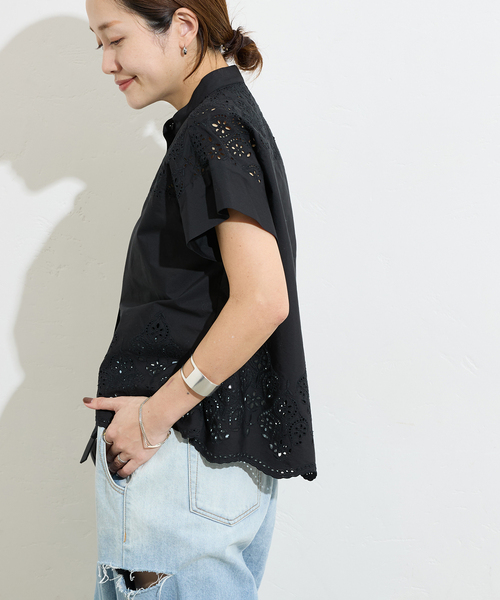 美品✨ティッカ 定価2.8万 半袖レースブラウス ブラック 前開き 襟付き TICCA ブラウス シャツ 「TICCA / ティッカ」レースフレンチ