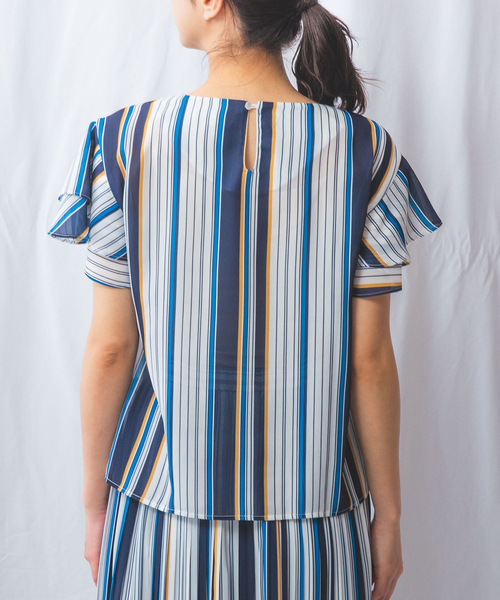 【NARACAMICIE】【セットアップ対応】マルチストライプ半袖フリルブラウス NARACAMICIE ブラウス シャツ 「NARACAMICIE」「セットアップ