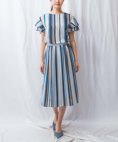 【NARACAMICIE】【セットアップ対応】マルチストライプ半袖フリルブラウス NARACAMICIE ブラウス シャツ 「NARACAMICIE」「セットアップ