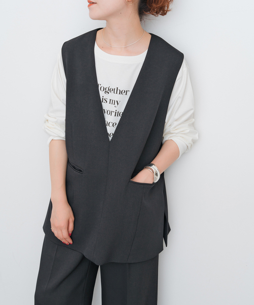 Spick & Span Vネック グレー 黒　ベスト　ジレ Spick＆Span ベスト ジレ TWカルゼVネックベスト レディース