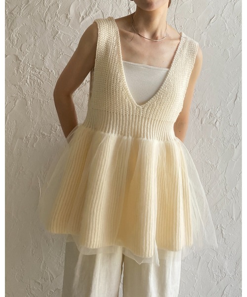 She's Closet ベスト ジレ 深Vネックチュールレイヤードペプラムニット