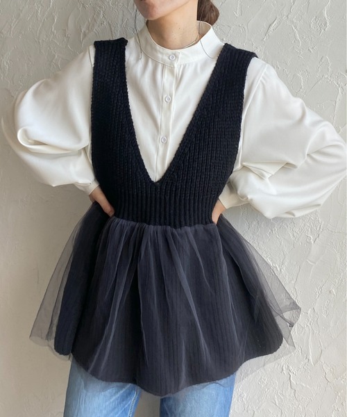 She's Closet ベスト ジレ 深Vネックチュールレイヤードペプラムニット