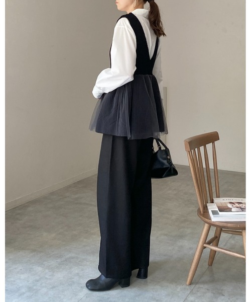 She's Closet ベスト ジレ 深Vネックチュールレイヤードペプラムニット