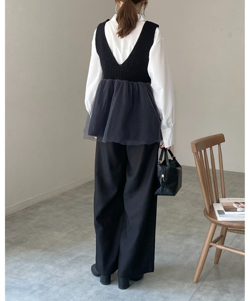 She's Closet ベスト ジレ 深Vネックチュールレイヤードペプラムニット