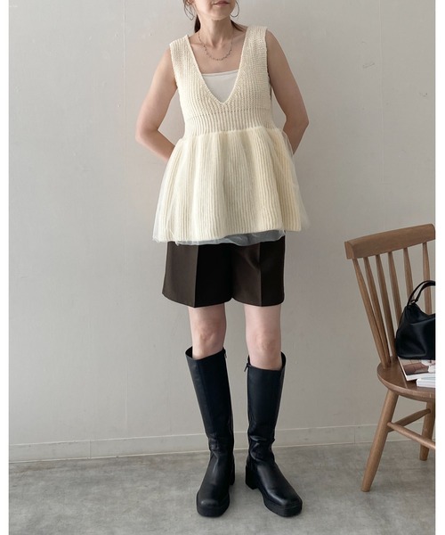 She's Closet ベスト ジレ 深Vネックチュールレイヤードペプラムニット