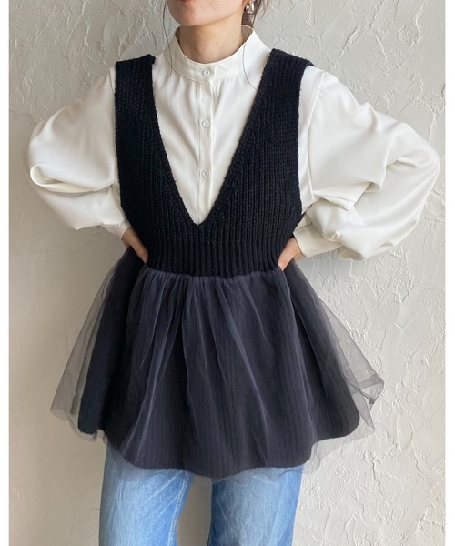 She's Closet ベスト ジレ 深Vネックチュールレイヤードペプラムニット