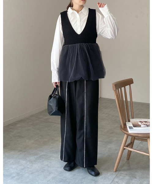 She's Closet ベスト ジレ 深Vネックチュールレイヤードペプラムニット