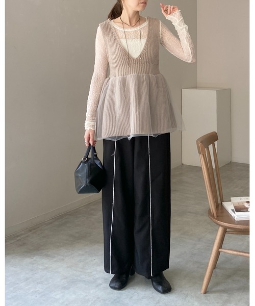 She's Closet ベスト ジレ 深Vネックチュールレイヤードペプラムニット
