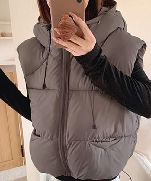 ダウンベスト ベスト フード付きドロスト中綿ベスト レディース