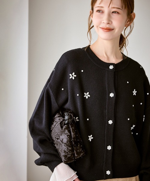アルペロベロビジュー刺繍可愛いガーディガン黒 ROPE' PICNIC（ロペ ピクニック） カーディガン ビジューニット