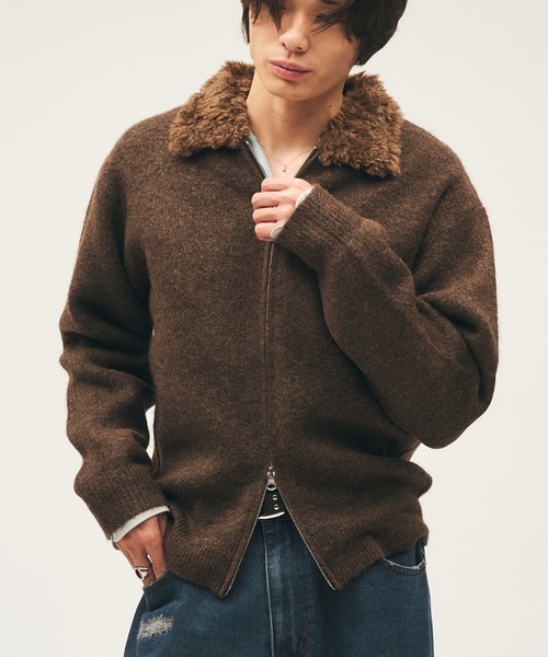 メンズ C-2タイプ ニットブルゾン Adoon plain セーター ニット Faux Fur Collar Double Zip Knit