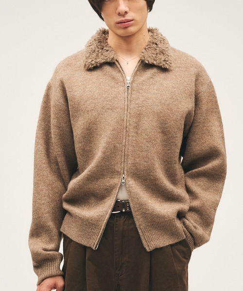 Adoon plain セーター ニット Faux Fur Collar Double Zip Knit