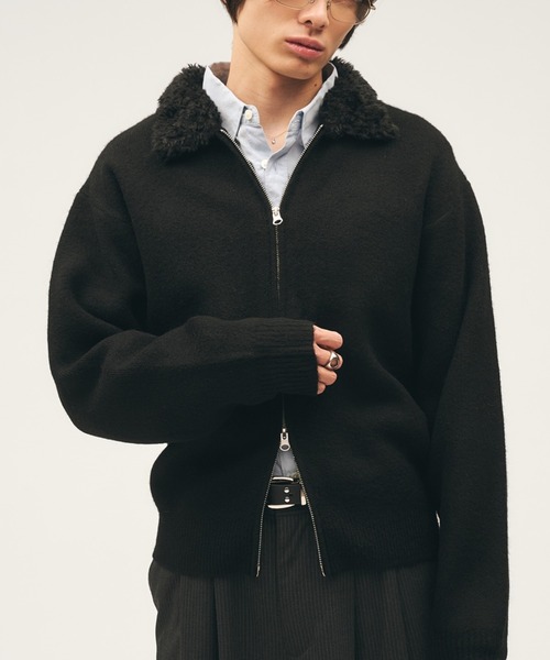 Adoon plain セーター ニット Faux Fur Collar Double Zip Knit