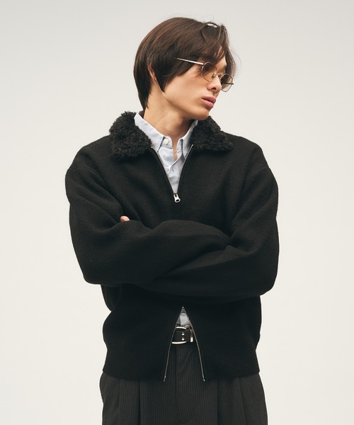 Adoon plain セーター ニット Faux Fur Collar Double Zip Knit