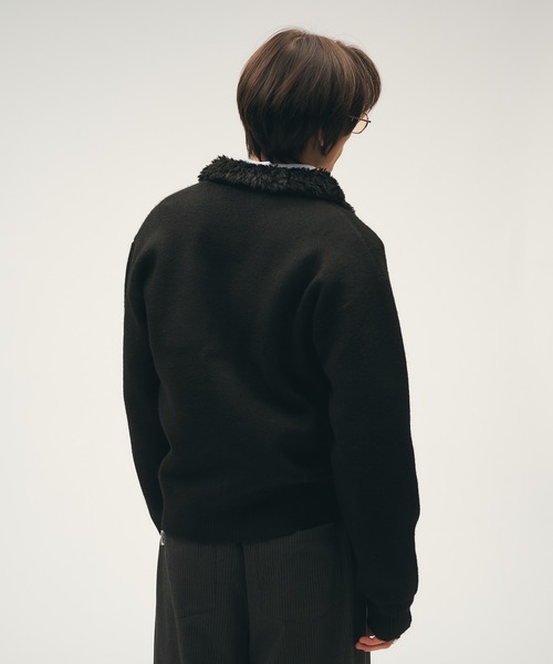 Adoon plain セーター ニット Faux Fur Collar Double Zip Knit