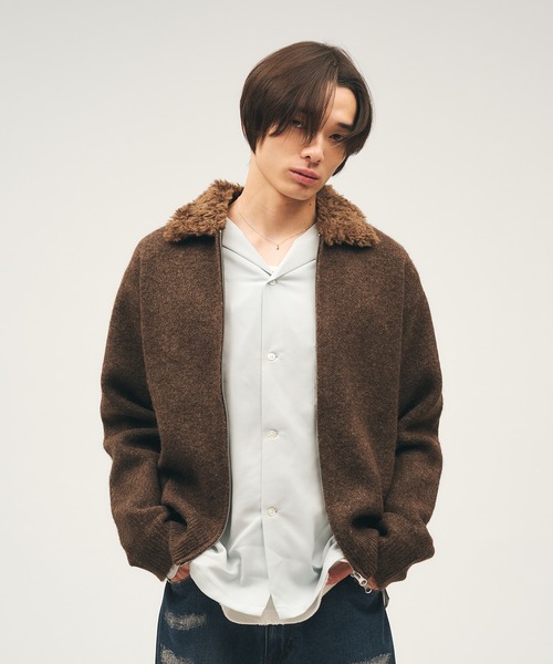 【取引中】メンズ アウター ジャケット セーター ニット Adoon plain セーター ニット Faux Fur Collar Double Zip Knit