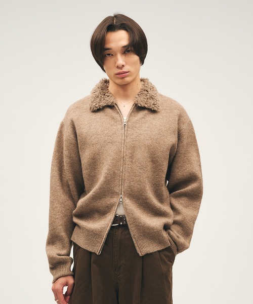 Adoon plain セーター ニット Faux Fur Collar Double Zip Knit
