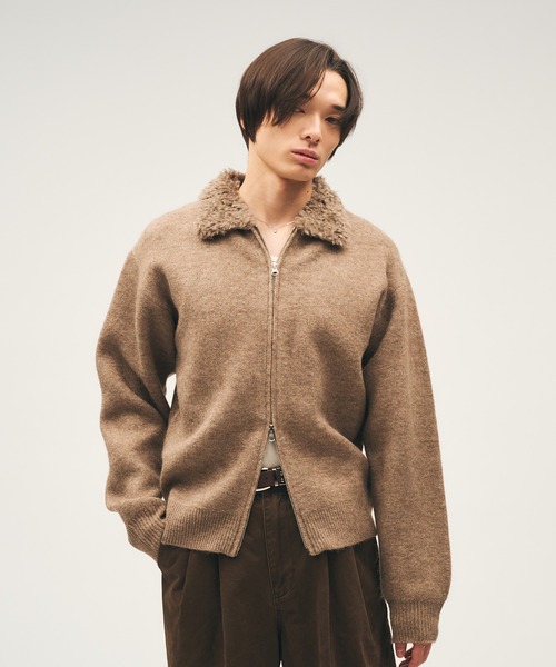 襟ポケットファー ジップアップニット / ブラウン Adoon plain セーター ニット Faux Fur Collar Double Zip Knit