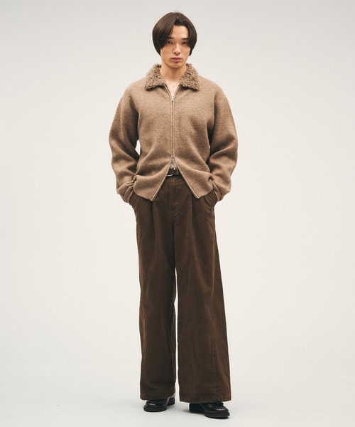 襟ポケットファー ジップアップニット / ブラウン Adoon plain セーター ニット Faux Fur Collar Double Zip Knit