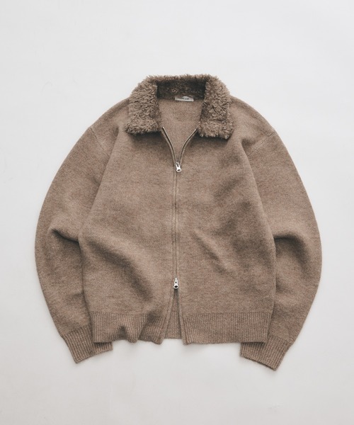 Adoon plain セーター ニット Faux Fur Collar Double Zip Knit