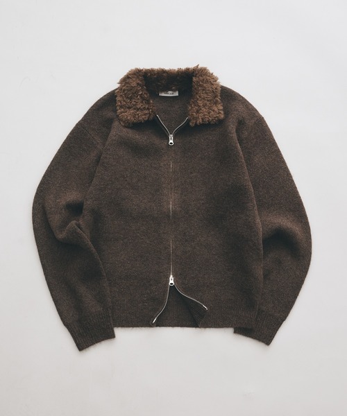 Adoon plain セーター ニット Faux Fur Collar Double Zip Knit