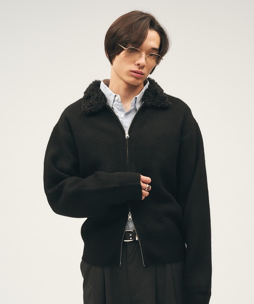Adoon plain セーター ニット Faux Fur Collar Double Zip Knit